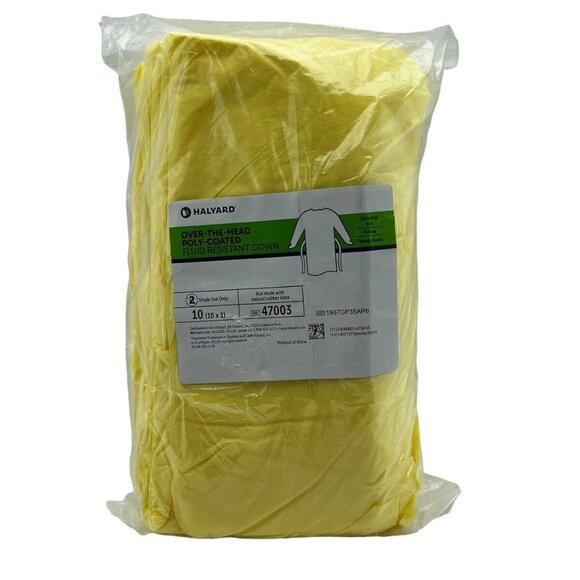 Halyard Over-The-Head Poly-Coated Fluid Resistant Gown Size 10 XL Yellow Univers - Picture 2 of 4
